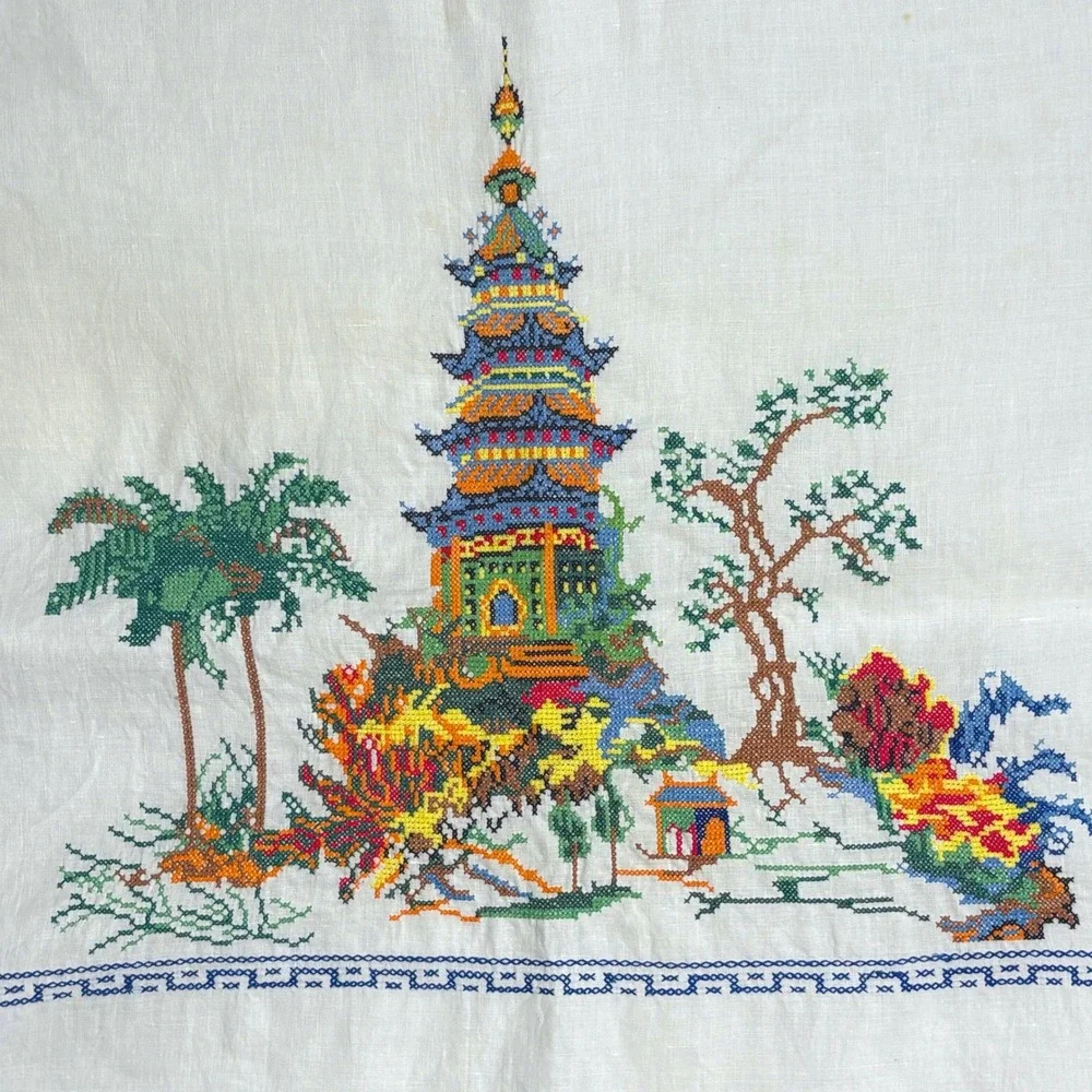 VTG Square Linen Tablecloth 48x48 Cross Stitch Embroidered White Pagoda Asian